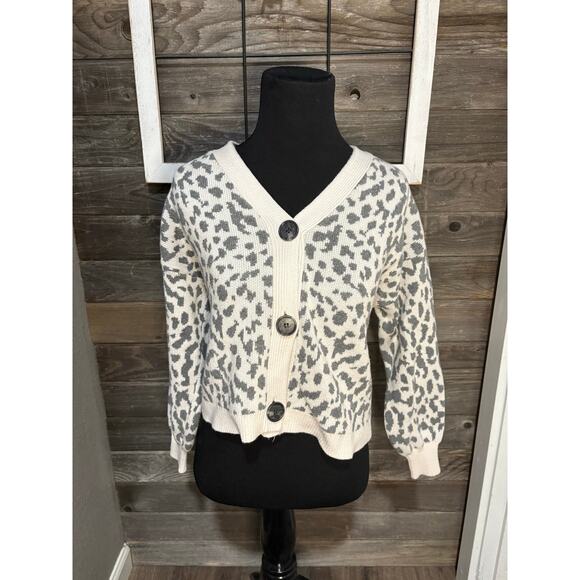 Ann Taylor The Loft 100% cotton crop top cheetah print gray cardigan women's M - Picture 1 of 8